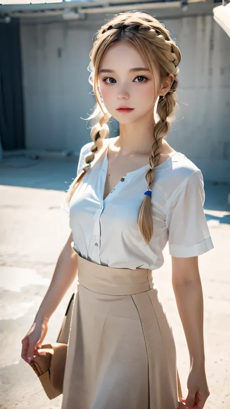 one woman、cute face、Rin々new expression、Japanese、Japanese、、gray eyes、beige hair、french braid、１６talent、white shirt、デニムのlong skirt、...