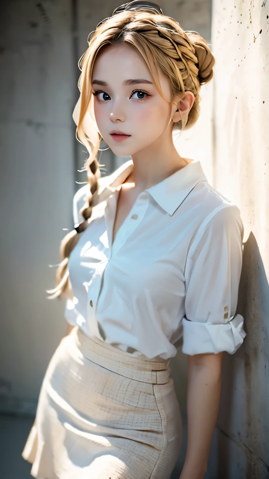one woman、cute face、Rin々new expression、Japanese、Japanese、、gray eyes、beige hair、french braid、１６talent、white shirt、デニムのlong skirt、long skirt、random pose、(((photography studio、concrete background、perfect lighting、professional photographer、50ｍｍlens)))、highest quality、ultra high resolution、master piece:1.3，８ｋ、Precise finish、unreasonable