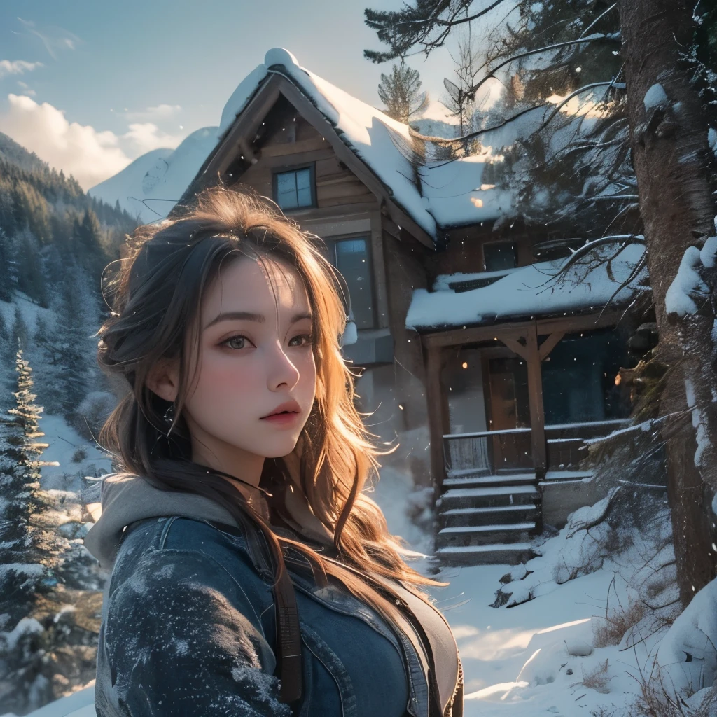 beautiful woman with , long hair, Bangs, French braid, The widest waist, well fitting breasts, Curvy booty, Bright Eyes, long eyelashes, Thick thighs, strong calf, A shy look, Tanya Yuyusregar, She was wearing a black hoodie, Ripped denim super short ripped shorts, belt, Standing on the porch of a mountain cabin, Winter evening, Snowy Land, lifelike, masterpiece,Sun bokeh, Volumetric lighting, Winter seasonal atmosphere, Close-up from the front