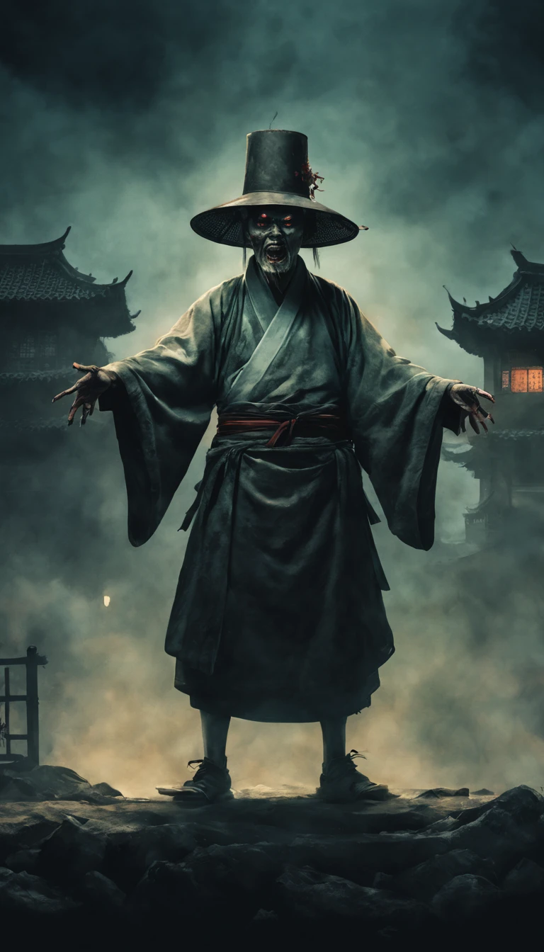 A terrifying Qing Dynasty zombie stands at the center with arms stretched out at a 90-degree angle, glaring menacingly forward. The zombie is adorned with a Zombie_hat, and dimly lit surroundings depict the faint glow of a small town. The color palette is dark and ominous, creating an atmosphere of fear. The overall composition reflects an Asian horror movie poster with elements of ink wash painting and traditional Chinese aesthetics.