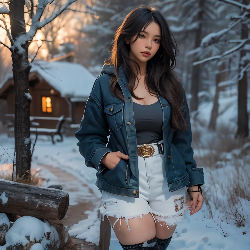 beautiful woman with , long hair, Bangs, French braid, The widest waist, well fitting breasts, Curvy booty, Bright Eyes, long eyelashes, Thick thighs, strong calf, A shy look, Tanya Yuyusregar, She was wearing a black hoodie, Ripped denim super short ripped shorts, belt, Standing on the porch of a mountain cabin, Winter evening, Snowy Land, lifelike, masterpiece,Sun bokeh, Volumetric lighting, Winter seasonal atmosphere, Close-up from the front