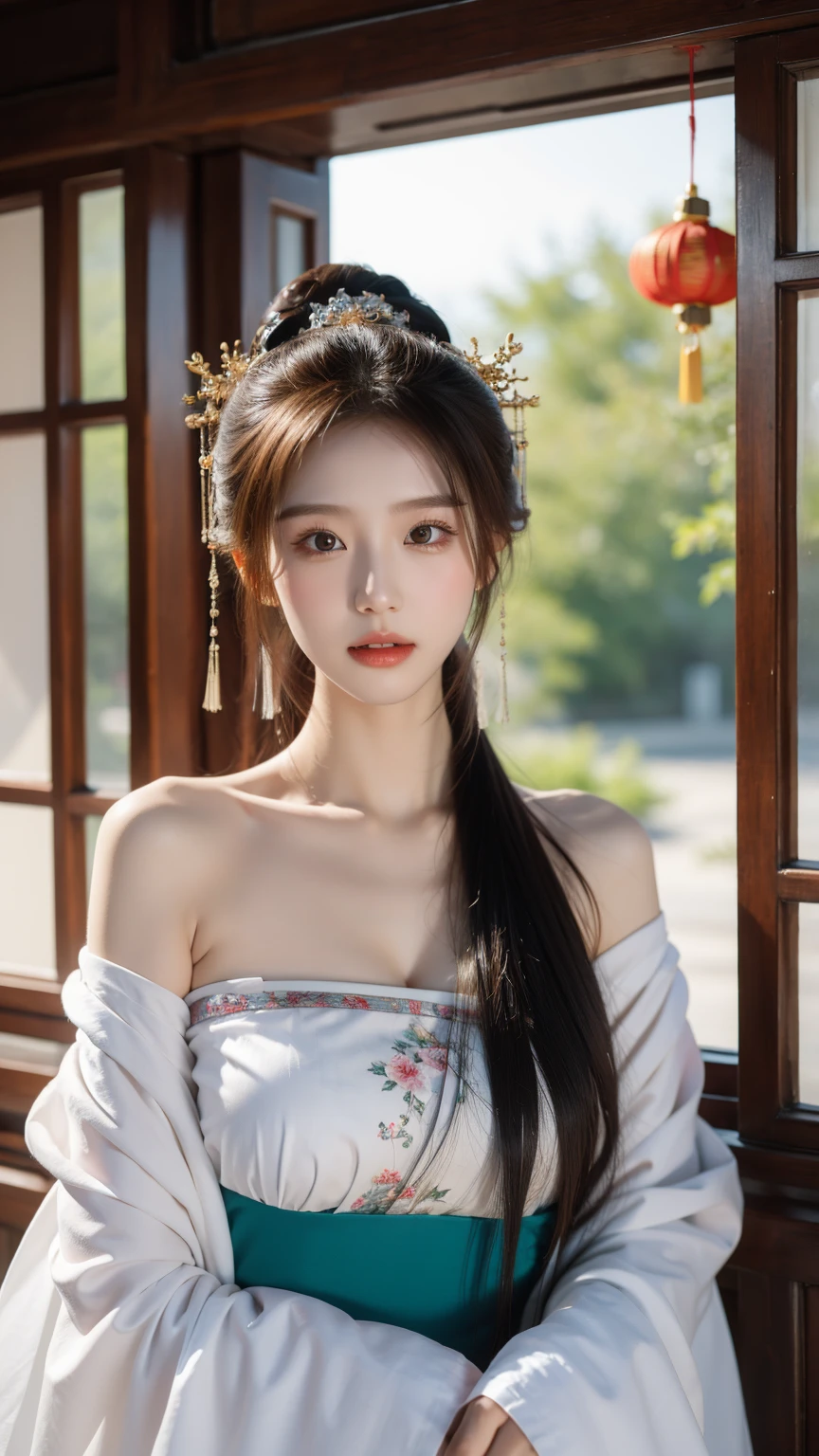 （whole body,panoramic），cleavage,Shoulder，perfect eyes，perfect iris，perfect lips，perfect teeth，perfect skin，White skin，soft headlights，Front light，Chinese girl，Yarn（Colorful Hanfu），（chinese woman&#39；hairstyle），（Various dynamic poses），Background Chinese interior，Green trees outside the window，MUCH QUALITY，masterpiece，ultra high resolution，（lifelike：1.4），original photo（Super lifelike details）， best quality，（18-year-old Chinese fashion female model）