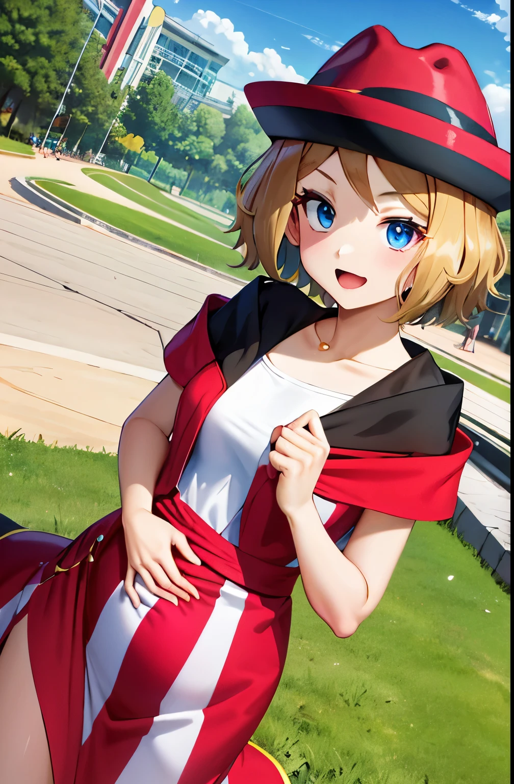 Anime girl in red and white dress and hat posing for picture - SeaArt AI