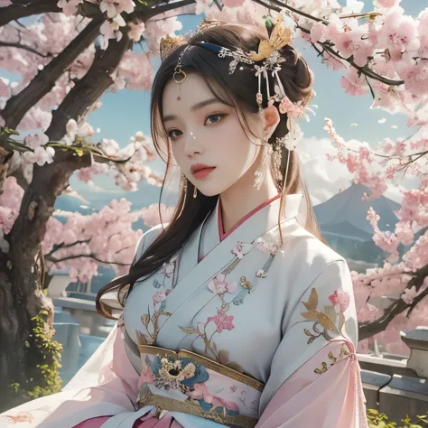 with blue sky and white clouds，mountain in the distance、tower and many people，pink flowers that，cherry tree，Hanfu woman,Phoenix ...