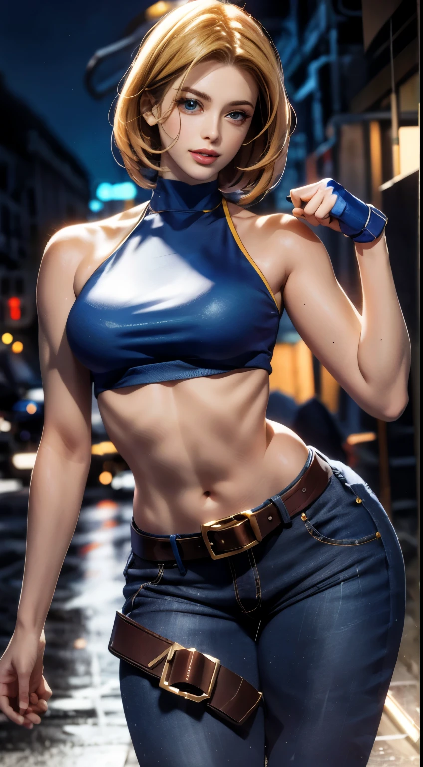 Blue Mary cosplay, melhor qualidade, (beleza), rosto garota 20 anos, rosto bonito, obra-prima, cropped vermelho, blusa vermelha, jeans with brown belt,  Physics-based rendering, ultra highres, cintura estreita, magro, olhos grandes, pernas longas, (seios pequenos), olhos inchados, noite, (cidade chuvosa), pele brilhante , de frente para o espectador, firm expression, realista, mulher, sexy,