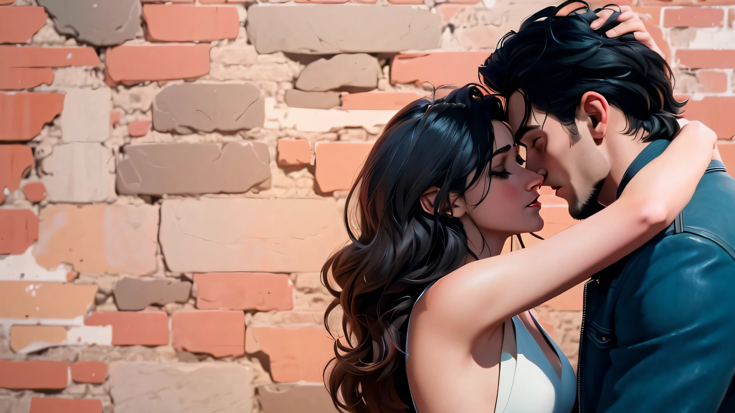 Araffes a man and a woman are kissing in front of a brick wall - SeaArt AI