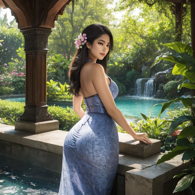 (best quality,4k,8k,highres,masterpiece:1.2),ultra-detailed,(realistic,photorealistic,photo-realistic:1.37),beautiful detailed eyes,beautiful detailed lips,extremely detailed eyes and face,longeyelashes,1girl,Myanmar girl,exquisite beauty,mesmerizing gaze,silky flawless skin,seductive smile,curvaceous body,slender waist,voluptuous hips,rounded buttocks,gorgeous hourglass figure,alluring posture,feminine charm,graceful movements,colorful traditional dress,ornate jewelry,lush tropical garden backdrop,natural sunlight illuminating her,soft breeze caressing her hair,lush greenery,exotic flowers blooming,teeming with life,vibrant colors,pure and innocent beauty,proud heritage,deep cultural significance,contrast of modern and traditional elements,titley structedgarden paths,ornamental fountains,cascading waterfalls,serene and tranquil atmosphere,harmony between nature and human creation,stunning visual composition,emotional connection,dreamlike ambiance,visual feast for the senses,celebration of feminine beauty,portraits