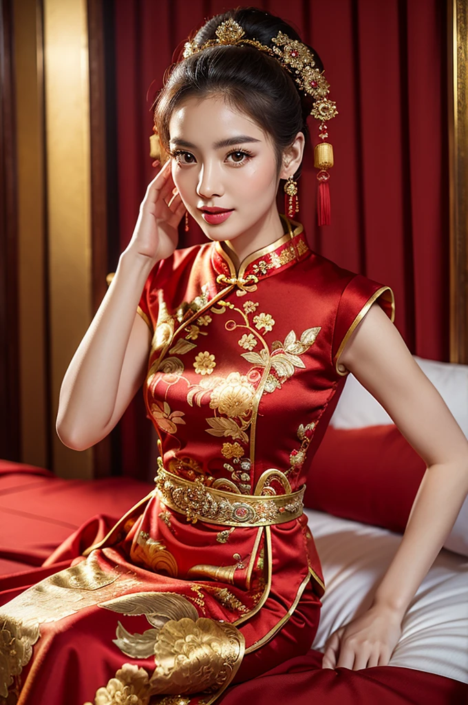 (Best quality, masterpiece: 1.2), portrait, an enchanting woman in a red cheongsam, Chinese dress, traditional Chinese clothing, bridal portrait style, wearing an ornate outfit, sitting elegantly on a bed, rich red and gold sumptuous garb, intricate cheongsam design, golden accessories, traditional Chinese aesthetics, Chinese culture, exquisite details: 1.5.