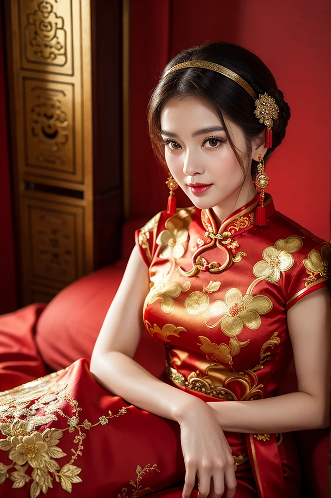 arafed woman in a red dress sitting on a bed, chinese dress, cheongsam, traditional chinese, chinese style, traditional chinese clothing, chinese costume, wearing a red cheongsam, Bridal Portrait Style,wearing an ornate outfit, ao dai, with acient chinese clothes, traditional clothing, traditional dress, traditional clothes, red and gold sumptuous garb   