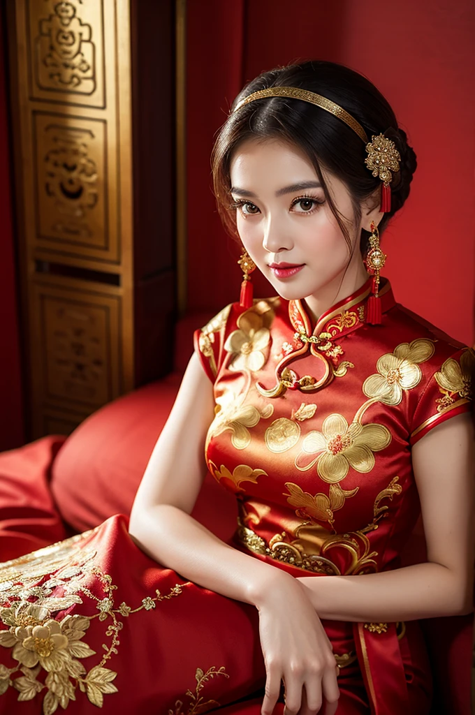 (Best quality, masterpiece: 1.2), portrait, an enchanting woman in a red cheongsam, Chinese dress, traditional Chinese clothing, bridal portrait style, wearing an ornate outfit, sitting elegantly on a bed, rich red and gold sumptuous garb, intricate cheongsam design, golden accessories, traditional Chinese aesthetics, Chinese culture, exquisite details: 1.5.