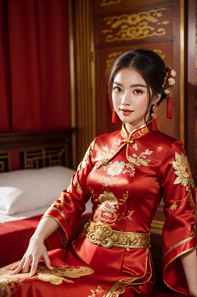 (Best quality, masterpiece: 1.2), portrait, an enchanting woman in a red cheongsam, Chinese dress, traditional Chinese clothing, bridal portrait style, wearing an ornate outfit, sitting elegantly on a bed, rich red and gold sumptuous garb, intricate cheongsam design, golden accessories, traditional Chinese aesthetics, Chinese culture, exquisite details: 1.5.