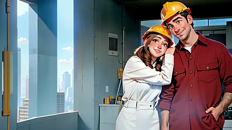 there is a man and woman standing together in a construction site, movie frame still, movie promotional image, film promotional ...