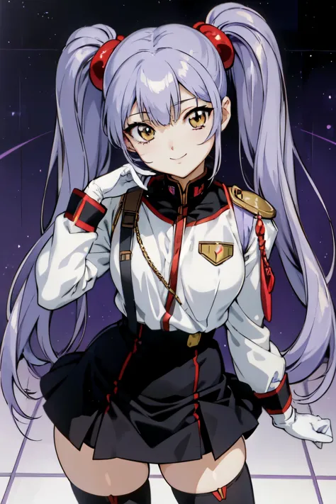 (masterpiece), (best quality), detailed face, anime \(style\), hoshino_ruri_(nadesico), 1girl, looking at viewer, purple hair, yellow eyes, twintails, hair ornament, military, military uniform, white gloves, smile, evil smile, portrait, badge, black skirt,...