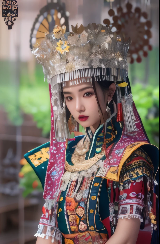 （8k，RAW photos，best quality，masterpiece：1.2））35mm，Ultra high detail，professional lighting，best quality，ultra high resolution，Visually stunning，（1girll：1.1），（Miao costume and headgear），real human skin，（Perfect body 1.3）super delicate face。