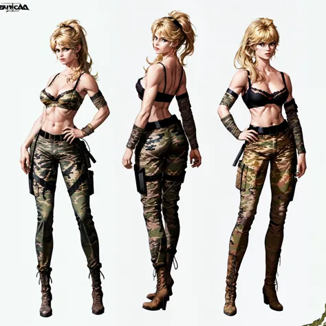 front view, side view, back view, different poses of female bbardot as apocalypse mercenary, masterpiece, best quality, detailed face, toned, muscular, (black tube bra:1.5), (underboob:1.2),military gear, boots, dagger, pistols, belt, laces, strings, ((cam...