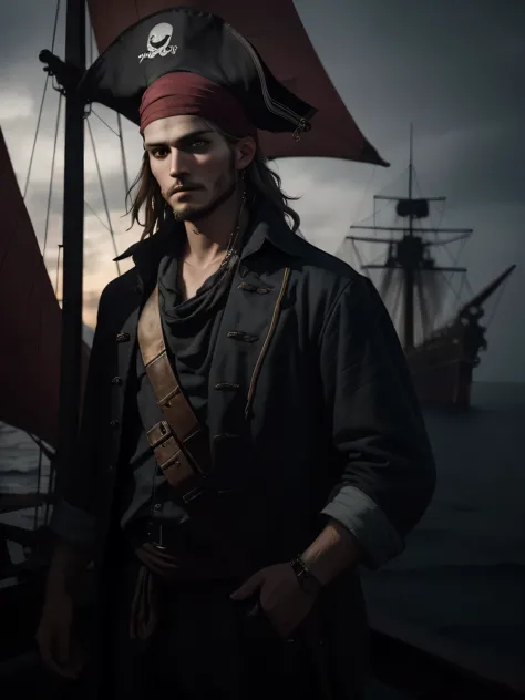 gloomy picture, young pirate standing on a sailing ship, (20-25 years), beautiful face, there is a bandana on his head, ship in ...