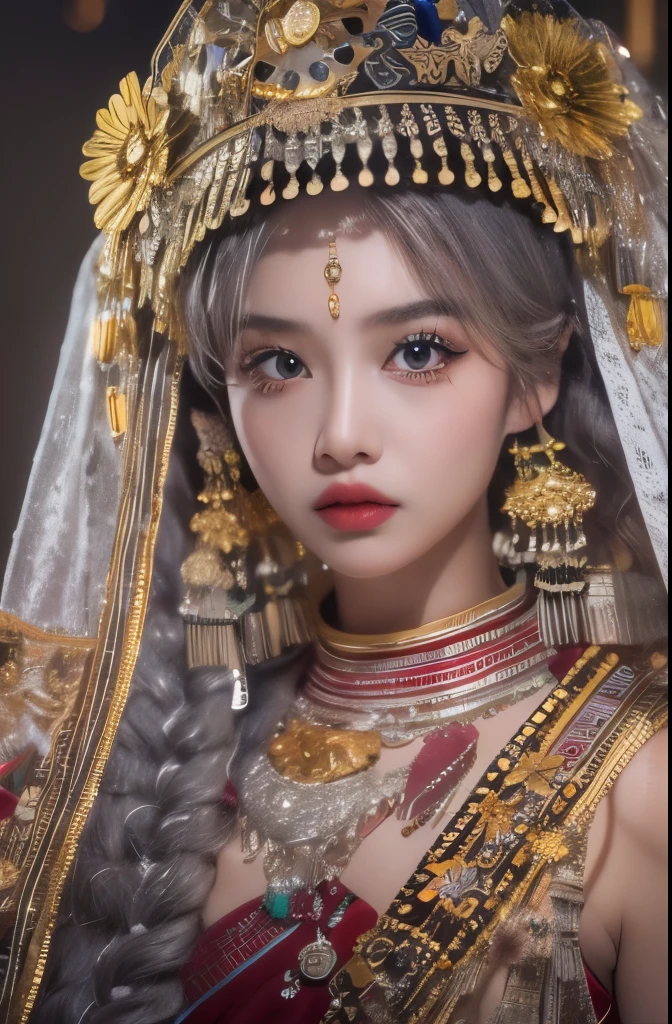 （8k，RAW photos，best quality，masterpiece：1.2））35mm，Ultra high detail，professional lighting，best quality，ultra high resolution，Visually stunning，（1girll：1.1），（Miao costume and headgear），real human skin，（Perfect body 1.3）super delicate face。