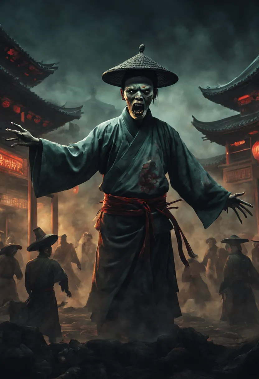 a terrifying qing dynasty zombie stands at the center with arms stretched out at a 90-degree angle, glaring menacingly forward. ...