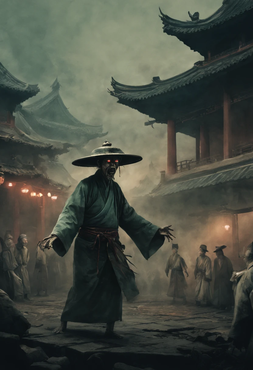 A terrifying Qing Dynasty zombie stands at the center with arms stretched out at a 90-degree angle, glaring menacingly forward. The zombie is adorned with a Zombie_hat. Below, a panicked crowd is depicted, fleeing from the pursuing zombie. The surroundings are dimly lit, showing the faint glow of a small town. The color palette is dark and ominous, creating an atmosphere of fear. The overall composition reflects an Asian horror movie poster with elements of ink wash painting and traditional Chinese aesthetics.