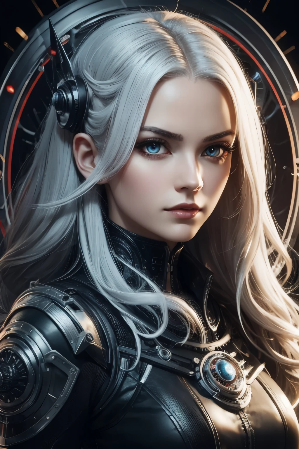 Portrait of a beautiful girl with wavy white hair, wearing a formal black dress with metal parts, red eyes, monograms in the background, digital painting, dark colors, 8k, complex details, vintage, retro futuristic style, sharp focus on the center, pastel colors, art station, (sci-fi, future, future theme), (facial expression looking with disdain), (detailed illustration)