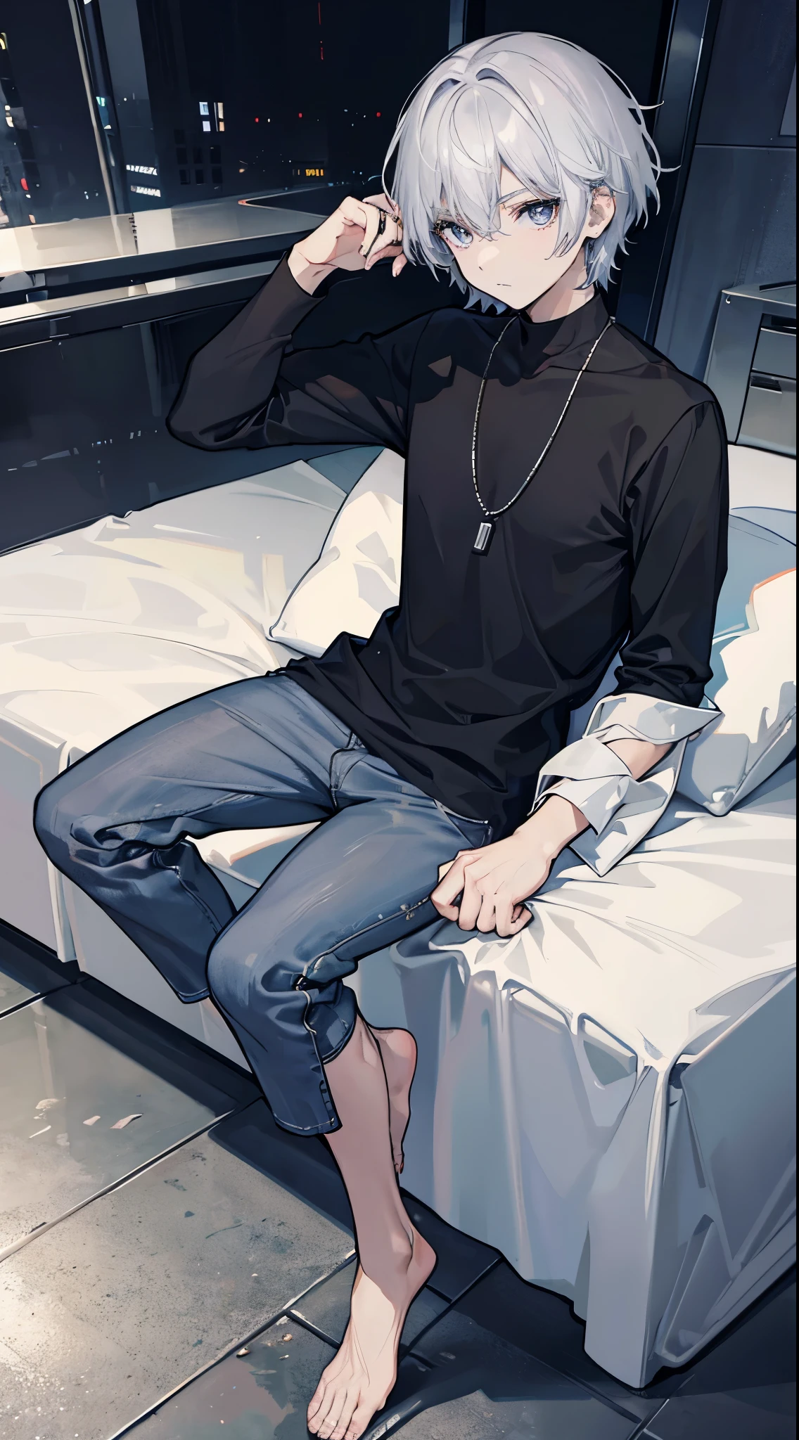 Anime boy sitting on a bed with his feet crossed - SeaArt AI