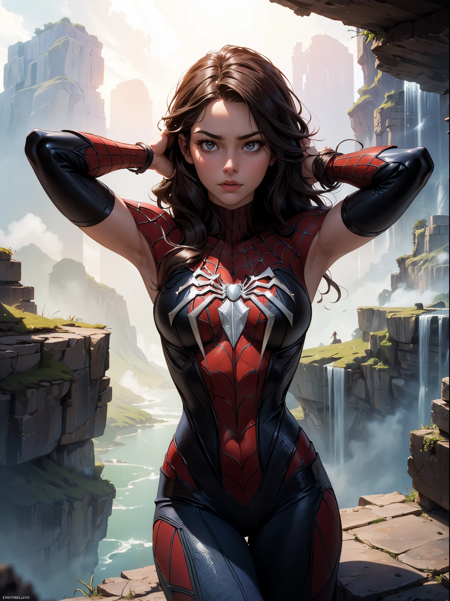 (Extreme Detail CG Unity 8K Wallpapers，tmasterpiece，Highest image quality)，(Delicate light and shadow，The picture is highly dramatic，Cinematic lens effect)，full bodyesbian，A girl in a short Spider-Man dress, hair color，From the Spider-Man parallel universe，Wenger，Marvel，Spidey，sitting in the couch，dynamicposes)，(Exceptional detail，The lighting effect is outstanding，Vista wide angle)，(Excellent rendering，Enough to stand out from the crowd)，The focus is on the Spider-Man costume，Complex spider textures
mysterious ancient ruin, lush forests, deep canyons,bridge,river,cliff,cloud, lakes,rock,waterfalls, flowers, grass, fog,vine,tree, smoke,
best shadow,bright details,sharp,perfect composistion,
Intricate, Sharp focus, dramatic,
(specular lighting:1.3),rim light,
photorealistic painting art,by Frank Frazetta,by Julie Bell,by Olivia De Berardinis,by Luis Royo,by boris vallejo,