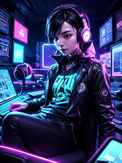 wearing headphones和牛仔夹克的女人坐在带摄像机和话筒的桌子旁，Live classes for students，wearing headphones，e-sport style，Live room，Cyberpunk with neon...