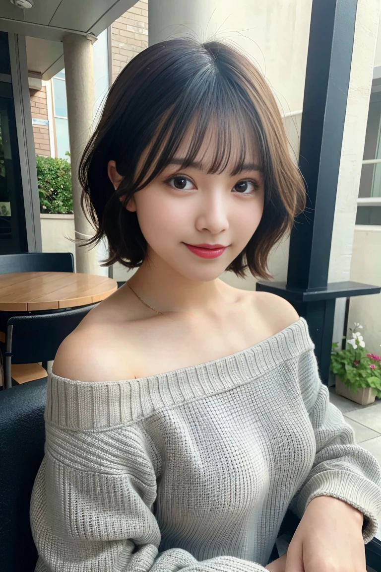 highest quality, photorealistic, 8K, High resolution, perfect lighting, nice, masterpiece, realistic, close up portrait,
1 girl, sharp eyes, wearing an off-the-shoulder sweater, medium breasts, short hair, looking at the viewer,  gentle smile, outdoor, at the cafe