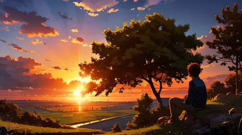 landscape of nature, boy sitting under the tree looking at sun set