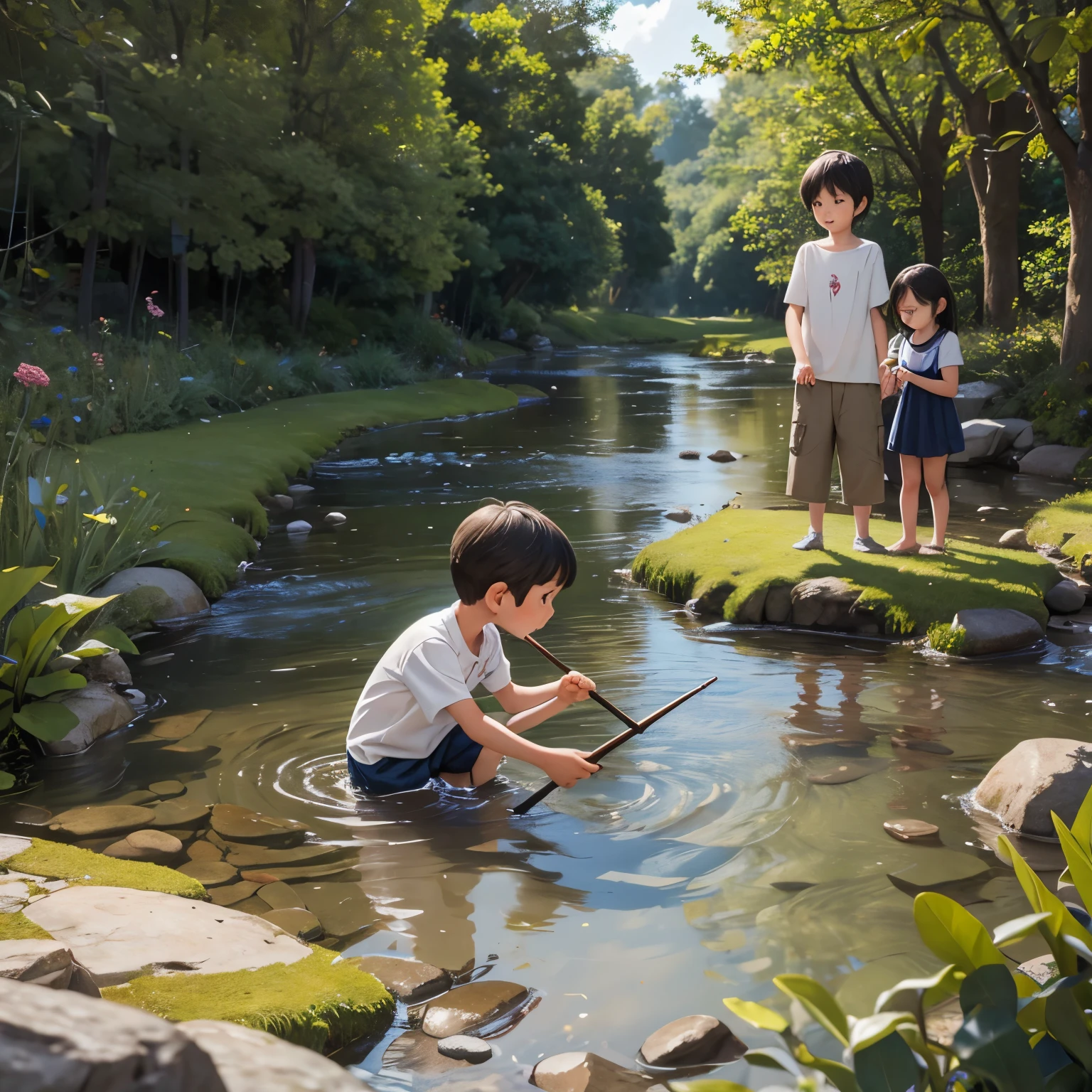 两个孩子和兄弟姐妹在溪里钓鱼 