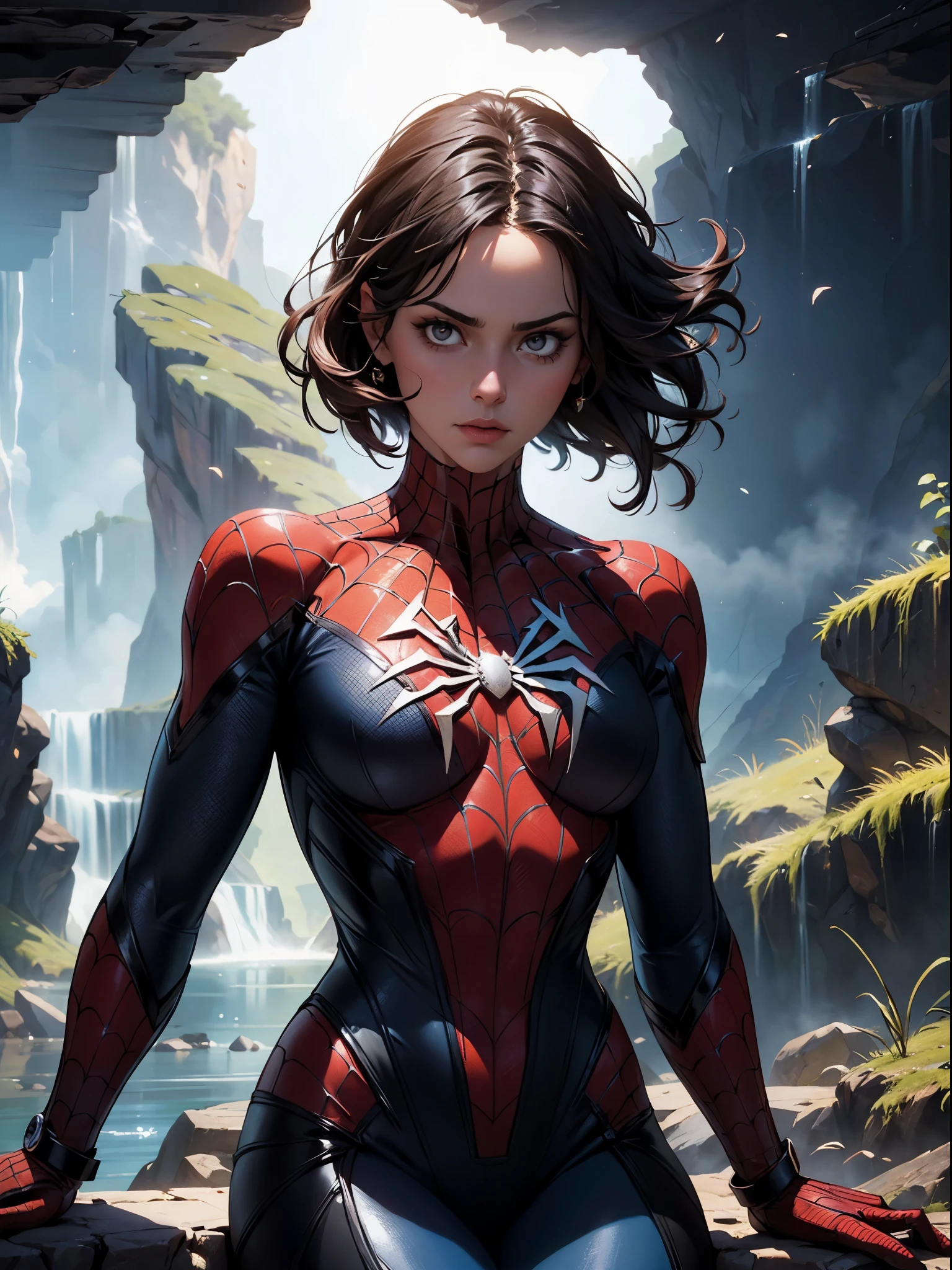 (Extreme Detail CG Unity 8K Wallpapers，tmasterpiece，Highest image quality)，(Delicate light and shadow，The picture is highly dramatic，Cinematic lens effect)，full bodyesbian，A girl in a short Spider-Man dress, hair color，From the Spider-Man parallel universe，Wenger，Marvel，Spidey，sitting in the couch，dynamicposes)，(Exceptional detail，The lighting effect is outstanding，Vista wide angle)，(Excellent rendering，Enough to stand out from the crowd)，The focus is on the Spider-Man costume，Complex spider textures
mysterious ancient ruin, lush forests, deep canyons,bridge,river,cliff,cloud, lakes,rock,waterfalls, flowers, grass, fog,vine,tree, smoke,
best shadow,bright details,sharp,perfect composistion,
Intricate, Sharp focus, dramatic,
(specular lighting:1.3),rim light,
photorealistic painting art,by Frank Frazetta,by Julie Bell,by Olivia De Berardinis,by Luis Royo,by boris vallejo,