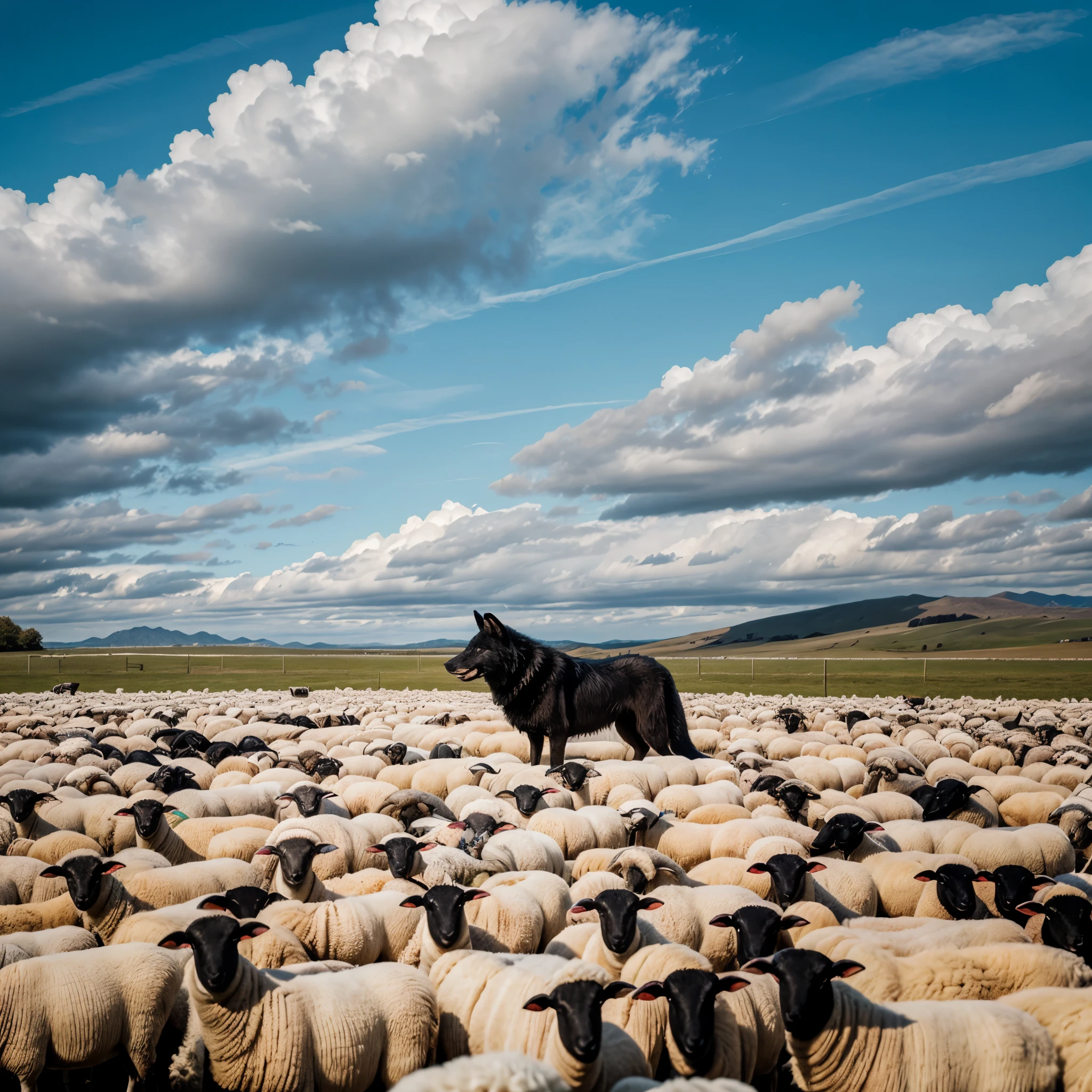 a gigantic black wolf stands in 巨大な白い羊の群れ, 屋外, 晴れ 曇り, (巨大な白い羊の群れ), 細部までこだわった, 写実的な,