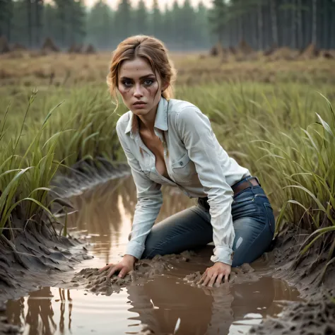 (Best Quality,4k,hight resolution,Realistic),close-uo Portrait of The sexy and vulnerable girl plunged into a deep muddy quicksa...