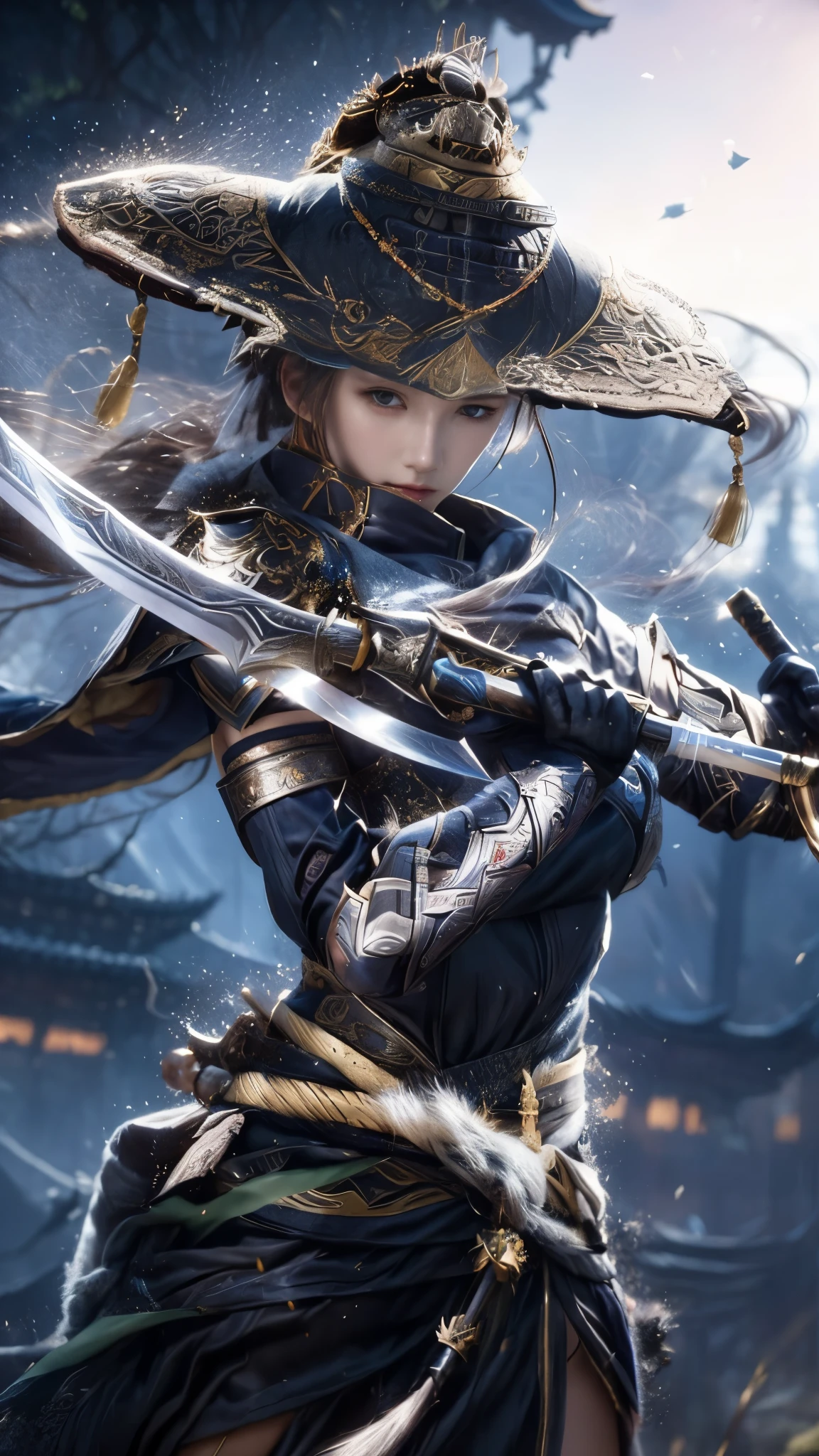 a woman in a hat and dress holding a sword, fantasy warrior, a fantasy warrior, female assassin, beautiful female assassin, ashe, female samurai, by Yang J, extremely detailed artgerm, trending digital fantasy art, epic exquisite character art, beautiful female warrior, inspired by Hong Ren, mystic ninja, chinese warrior, katana zero video game character