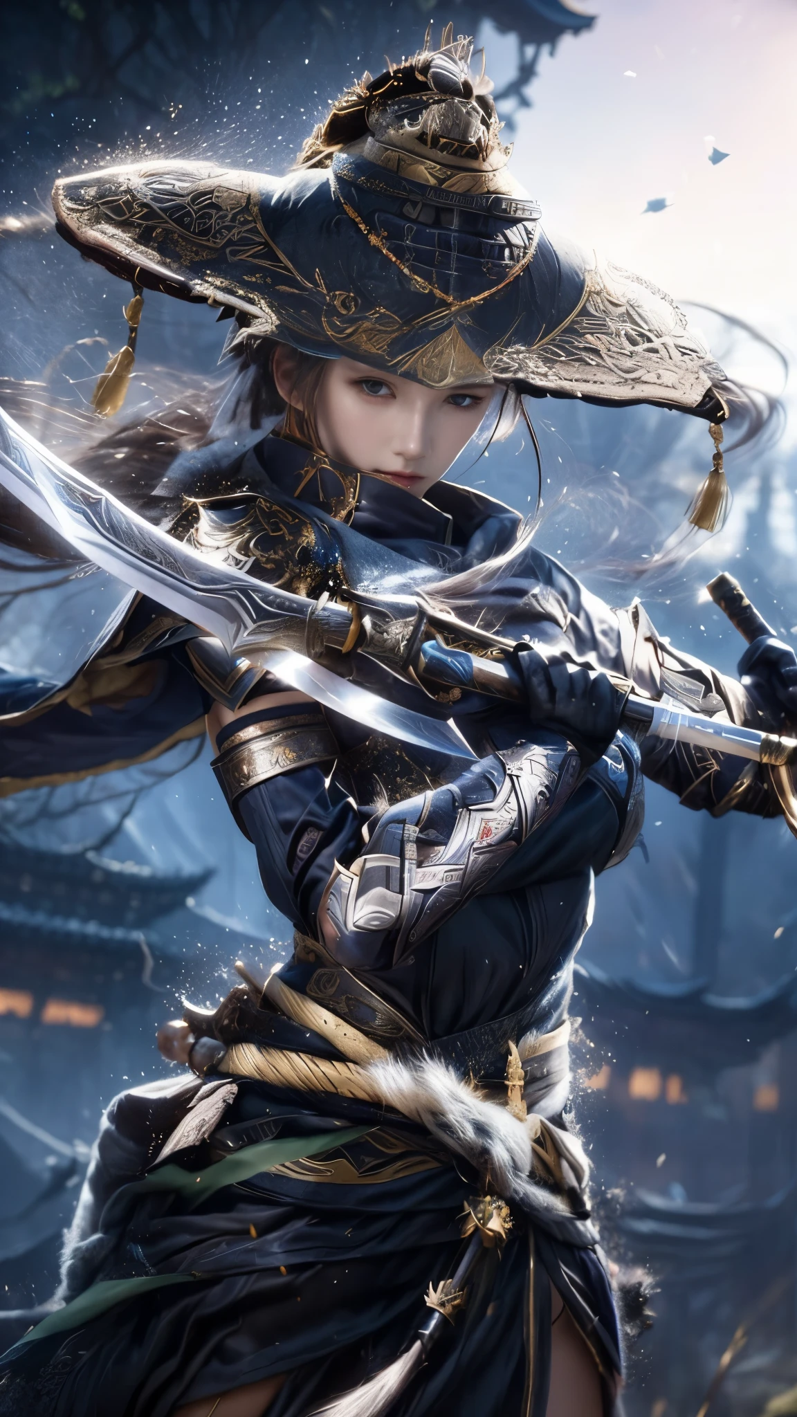 uma mulher de chapéu e vestido segurando uma espada, guerreiro de fantasia, a guerreiro de fantasia, assassina feminina, beautiful assassina feminina, ashé, Samurai Feminino, por Yang J, Artgerm extremamente detalhado, tendências de arte de fantasia digital, arte de personagem épica e requintada, linda mulher guerreira, Inspirado em Hong Ren, ninja místico, Guerreiro Chinês, personagem de videogame katana zero