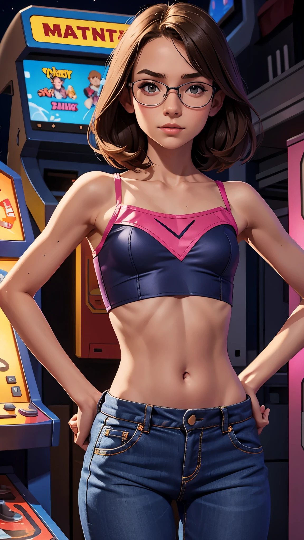 un flaco, pecho plano, niña de 13 años, . Ropa nerd, mostrando el abdomen. Configuración de arcade. Noche.