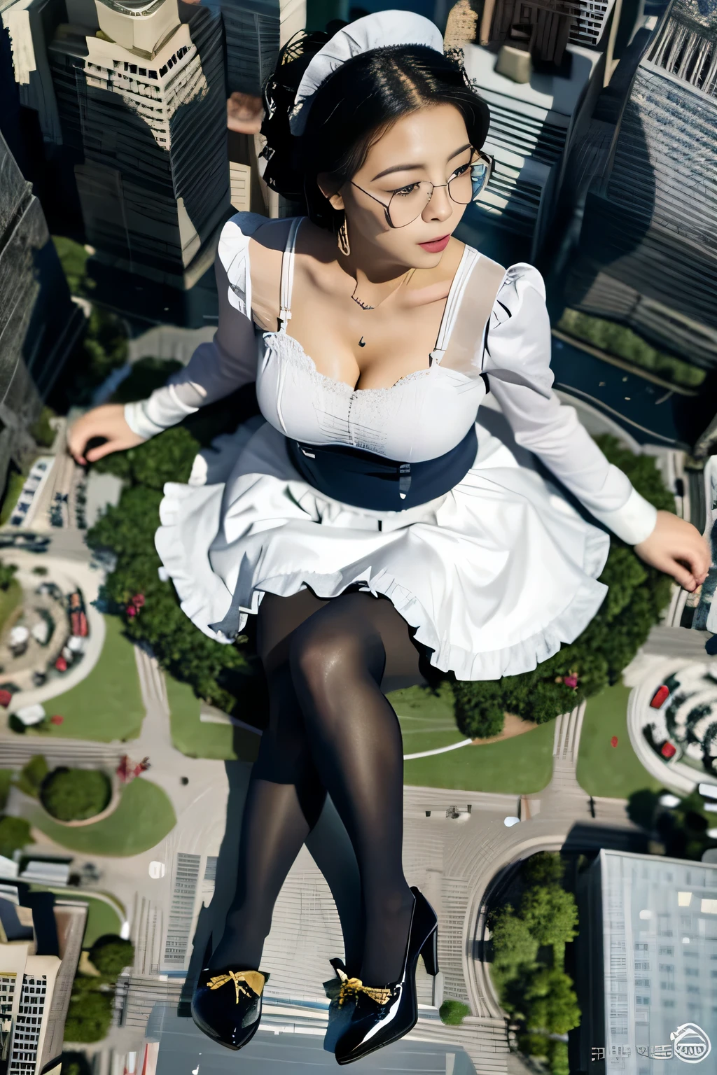 giantess art, 非常に詳細なGiantショット, Giant, short hair, black pantyhose, A maid that is much bigger than a skyscraper, wearing rimless glasses, big breasts, big butt, navy maid uniform, black pantyhose, black shoes, very small metropolis, miniature metropolis, full body description, gts, giga giantess, stomping city, crash city, tiny city, micro city, maid, a plan of a city, 