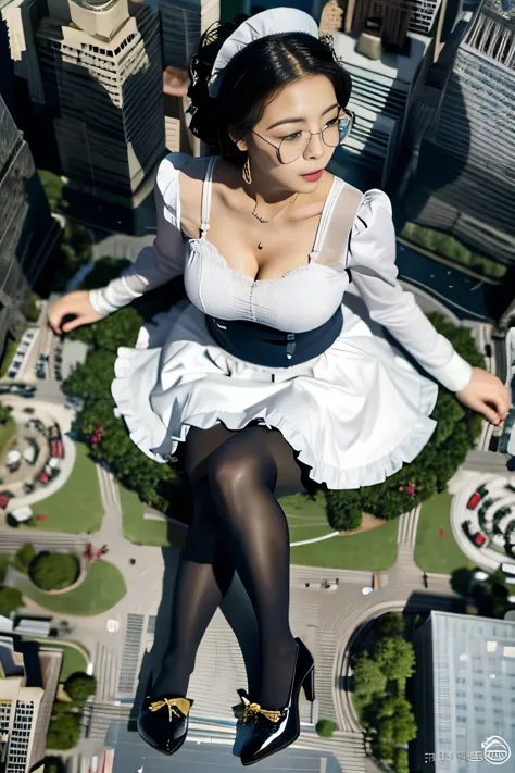 giantess art, 非常に詳細なGiantショット, Giant, short hair, black pantyhose, A maid that is much bigger than a skyscraper, wearing rimless...