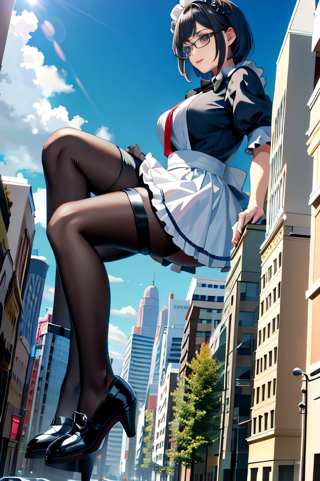 giantess art, Highly detailed Giant shot, Giant, short hair, black pantyhose, A maid that is much bigger than a skyscraper, wearing rimless glasses, big breasts, big butt, navy maid uniform, black pantyhose, black shoes, very small metropolis, miniature metropolis, full body description, GTS, giga giantess, stomping city, crash city, tiny city, micro city, maid, a plan of a city, 