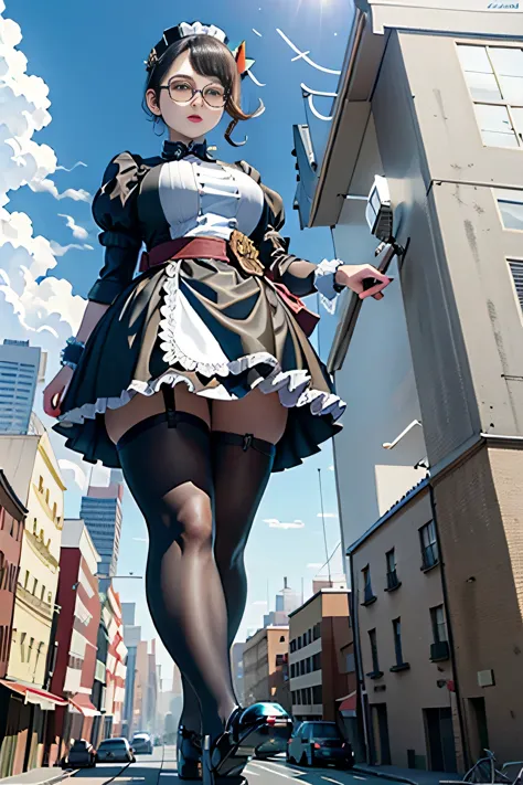 giantess art, 非常に詳細なGiantショット, Giant, short hair, black pantyhose, A maid that is much bigger than a skyscraper, wearing rimless...