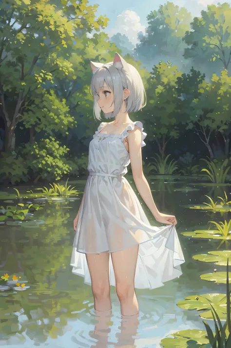 In Claude Monet style, Impressionism, 1girl, upper body focus, (white camisole dress), 14 year old, full body Esbian, short silver hair, pond, wet, ((curtsey)), cat ear, nipples through, see-through