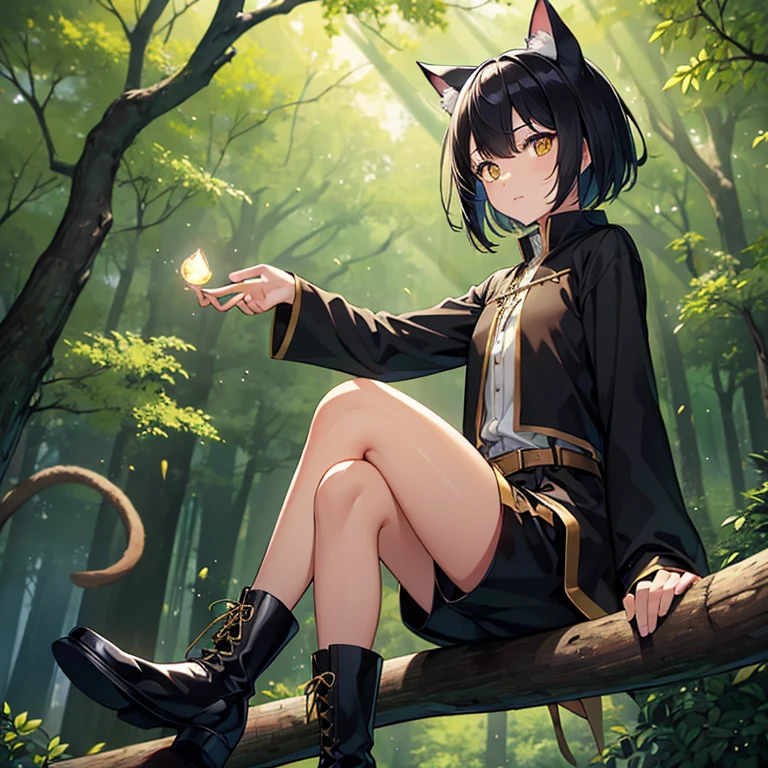 ((high resolution))、((high quality))、solo、short black hair、Cat ear、(golden eyes)、(juvenile)、magicianのローブ、Knee-length trousers、boots、in the forest、Sit on a tree branch、lovely、magician