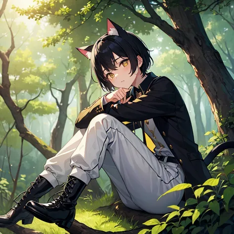 ((high resolution))、((high quality))、solo、short black hair、cat ear、(golden eyes)、(juvenile)、magicianのローブ、knee-length trousers、bo...