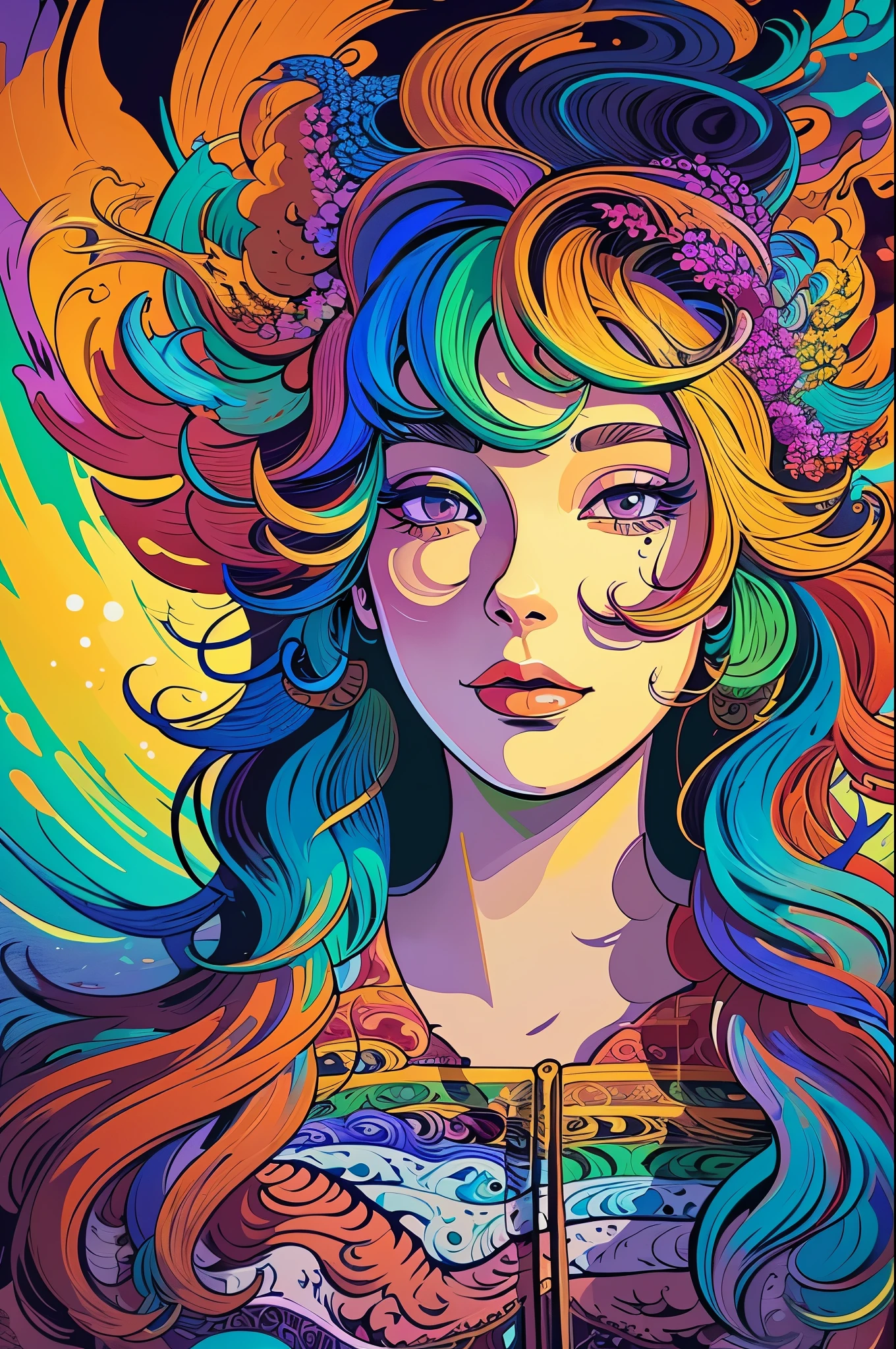 a painting of a woman with long hair and colorful hair, beautiful digital illustration, stunning digital illustration, gorgeous digital art, a beautiful artwork illustration, beautiful digital artwork, beautiful digital art, exquisite digital illustration, intricate digital painting, very beautiful digital art, vibrant digital painting, beautiful gorgeous digital art, psychedelic flowing hair, colorful digital painting, inspiring digital art, stylized digital art