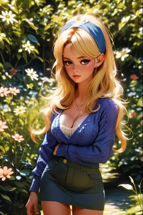 a Realistic full body portrait of a bbardot woman with dark eye makeup and a blue headband, ((wearing a low cleavage sweater and a mini skirt:1.1)), Beautiful, Detailed face, Perfect Eyes, (highly detailed skin:1.1), perfect slim body, Erotic, Modelshoot, ...