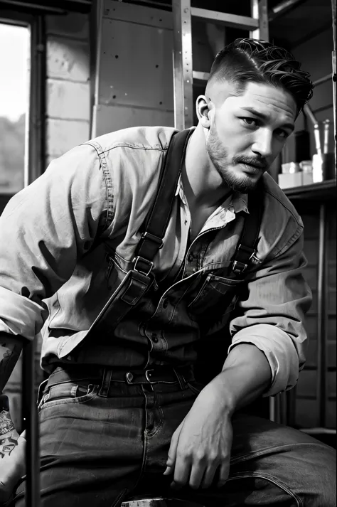 (Black and white photo), (Tom Hardy is repairing a car engine), his fair and smooth skin is flawless, his eyes are deep, his chin and face are smooth, his muscles are well-developed, he is not wearing a jacket, and his lower body is wearing jeans. (Round i...