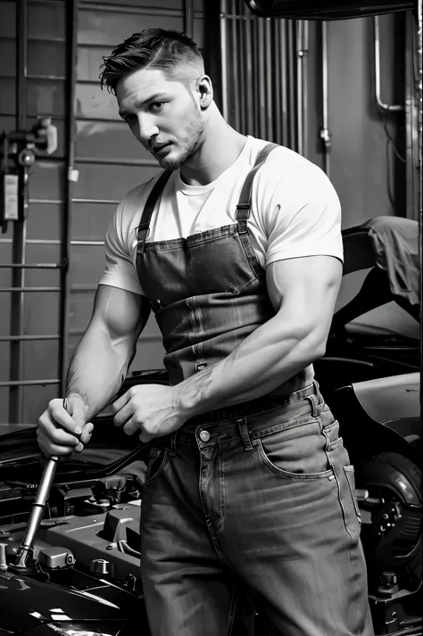 (Black and white photo), (actor Tom Hardy repairing a car engine), his fair and smooth skin is flawless, his eyes are deep, his chin and face are smooth, his muscles are well-developed, and he doesn't have a top. He wears jeans on his lower body (round inc...