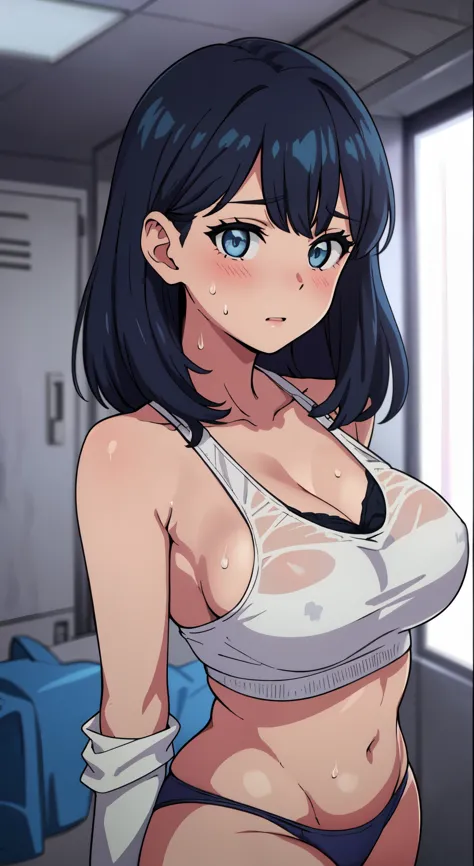 (perfect body),highest quality,16k、Masseter muscle part、((NSFW))、(((blush)))、((((embarrassing))))、Are crying、Treefe○lumes、parted bangs、(blue eyes),((dark blue hair)),(Sweat)、(big ass)、Normal breasts、((thick thighs))、white sport bra、(Grey sports panties)、(l...