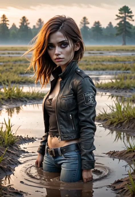 (Best Quality,4k,hight resolution,Realistic),close-uo Portrait of The sexy and vulnerable girl plunged into a deep muddy quicksa...