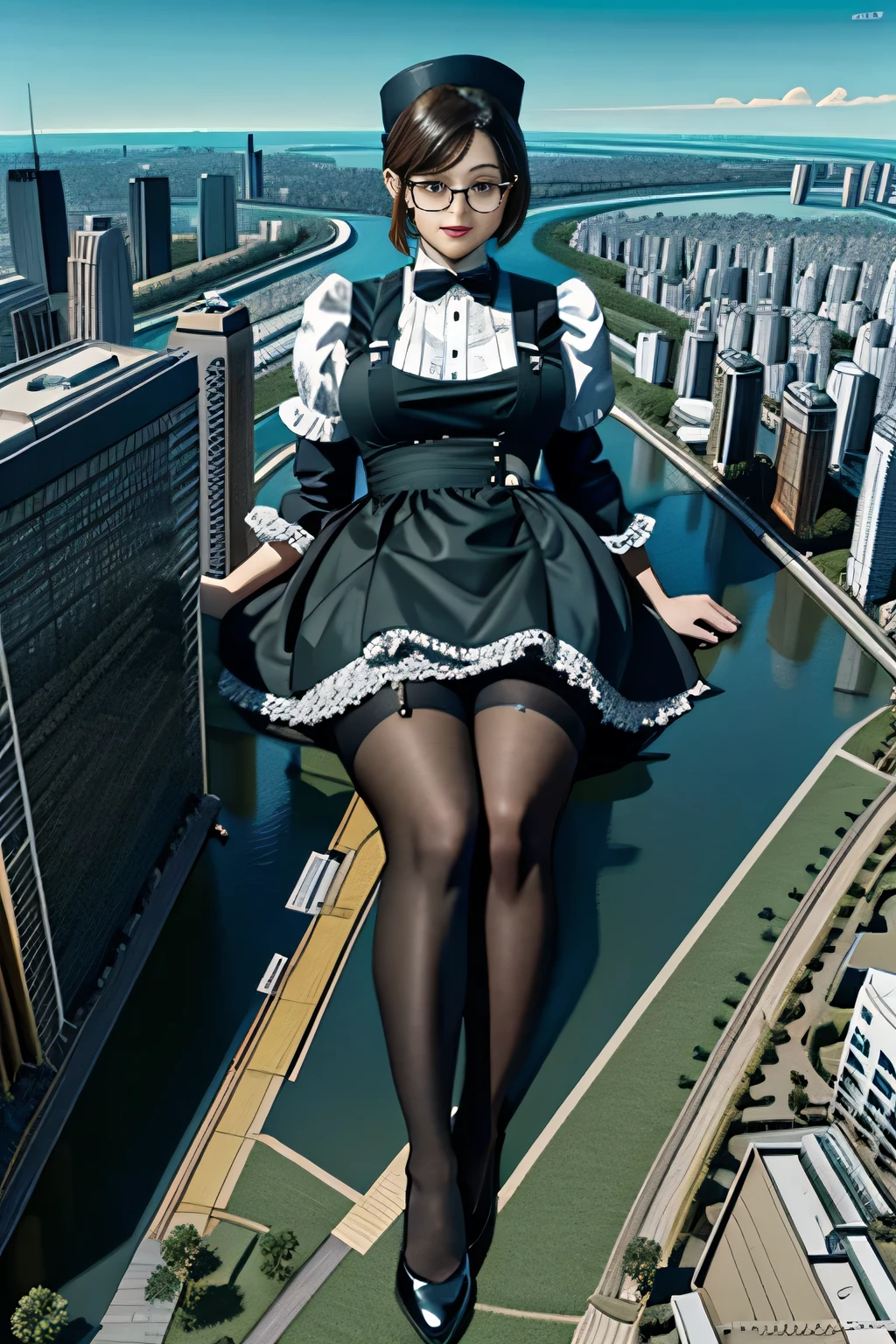 giantess art, 非常に詳細なGiantショット, Giant, short hair, black pantyhose, A maid that is much bigger than a skyscraper, wearing rimless glasses, big breasts, big butt, navy maid uniform, black pantyhose, black shoes, very small metropolis, miniature metropolis, full body description, gts, giga giantess, stomping city, crash city, tiny city, micro city, maid, a plan of a city, 